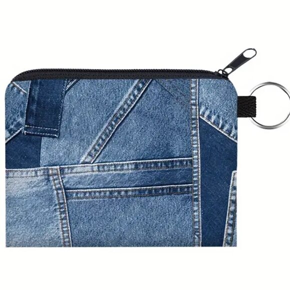 Denim Jeans Style Print Coin Purse Wallet – Mini Zipper Pouch with Key Ring - Picture 1 of 6